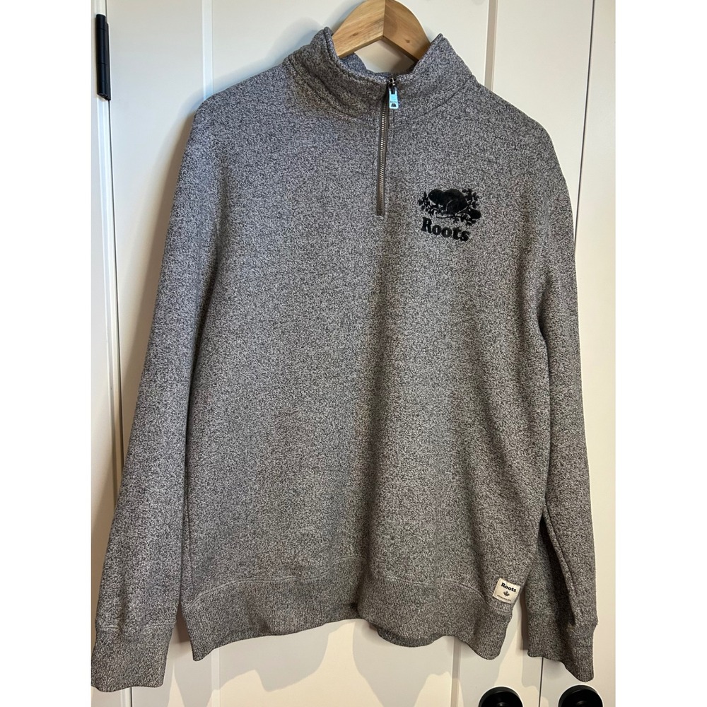 Roots Mens Large Womens XL Grey Salt and Pepper Quarter Zip Pullover  cabin
